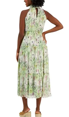 Taylor Serena Floral Chiffon Smocked Maxi Dress sz 8 High Ruffle Neck Sleeveless Purple