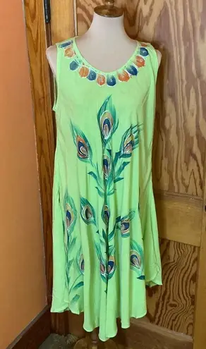 Vtg Y2K embroidered peacock feathers summer dress Green Size L