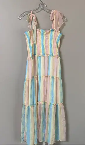 Aakaa NWT pastel rainbow smocked ruffle tiered shoulder tie midi dress Sz Large