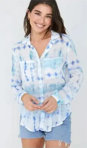 Bella Dahl Hipster Shirt Small Women Blue Aqua Shibori Button Up Lightweight New