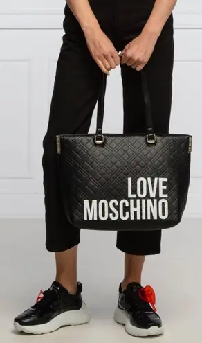 Moschino LOVE Faux Leather Black Quilted Shoulder Purse Tote Bag Double Strap