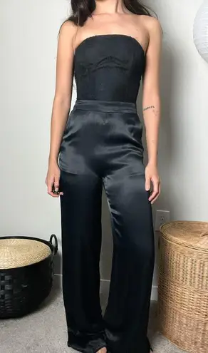 Ramy Brook mira black lace satin strapless bustier straight flare leg jumpsuit