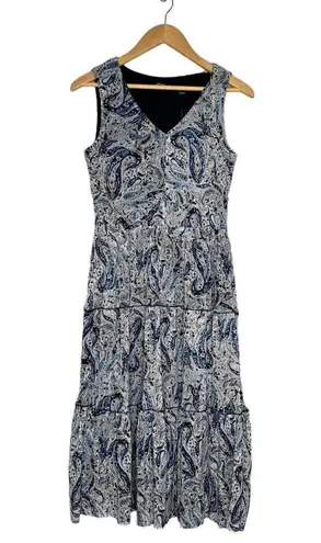 Tahari New Paisley Fit Flare Tiered Sleeveless V-Neck Dress Blue XS