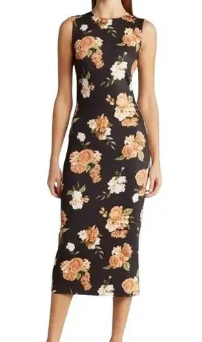 We Wore What NWT Revolve Floral Muscle Tank Fitted Midi Dress M Black Orange 3385