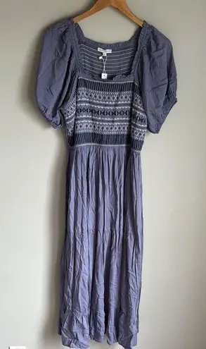 Baltic Born NEW Newcastle Blue Embroidered Puff Sleeve Smocked Midi Dress Large