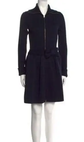 Red Valentino Navy Metallic Ribbed Knit Zip Up Collared Bow Sweater Dress Sz XS
