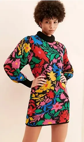Farm Rio Anthropologie TROPICAL GARDEN SWEATER MIDI mock neck DRESS size large