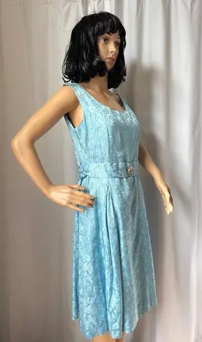 Vintage OOAK Jacquard blue sleeveless retro midi dress gemstone belt M Size M
