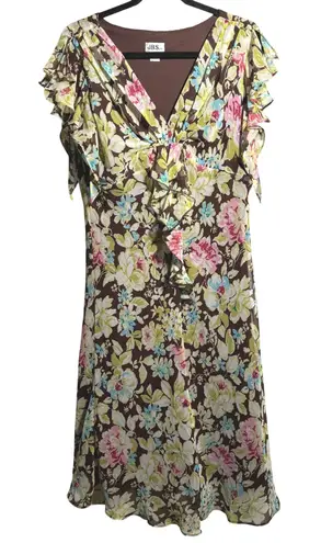 JBS LTD Floral Dress Brown Pink Blue Green Ruffle Sleeve V Neck Fairy Boho 14