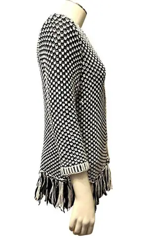Chico's Black White Fringed Open Front Knit Cardigan Sweater 3/4 Sleeves Size 1