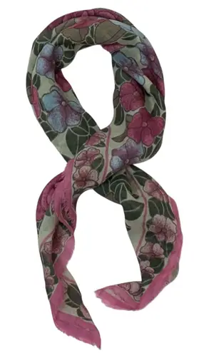 Oscar de la Renta Vintage Floral with Fringe Scarf Made in Japan Blue & Pink