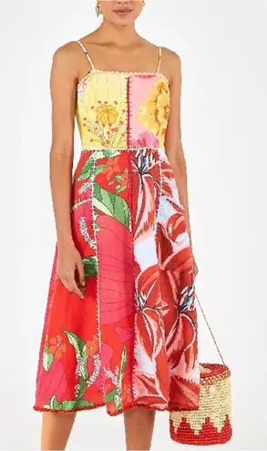 Farm Rio Mixed Garden Dress Floral Patch Linen Midi Sz XS Boho Beachy Wedding