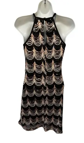 VTG Sequin Bodycon Party Dress Sz 11 JR High Neck Mini Stretch Homecoming Party Black Size L