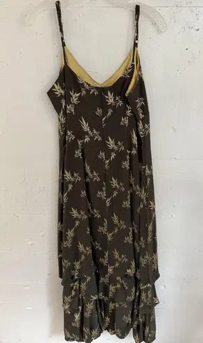 Sue Wong Dress Womens Large Brown Gold Leaf Print Silk Blend Ruffle Hem USA