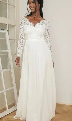 Lulu’s Forever Starts Tonight White Lace Long Sleeve Maxi Wedding Bridal Dress Size XS