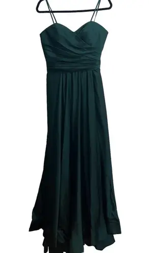 La Femme Strapless Sweetheart Satin Wrap Bodice Maxi Gown Emerald Green