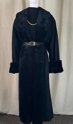 Vintage Black Wool Maxi Coat w/ Plush Faux Fur Collar & Cuffs Size 16