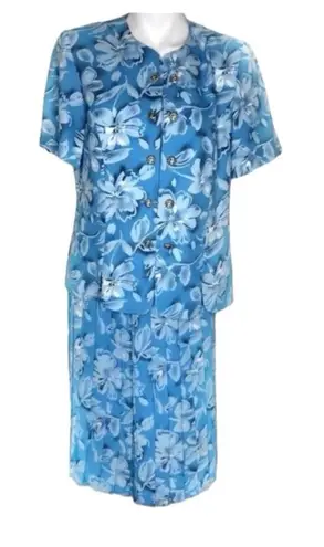 Leslie Fay Light Blue Floral Skirt Suit Womens Size 14 P VINTAGE