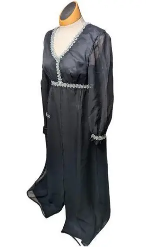 Vtg 1960s Black Layered Chiffon Silver Metallic Trim Empire Waist Maxi Dress 8