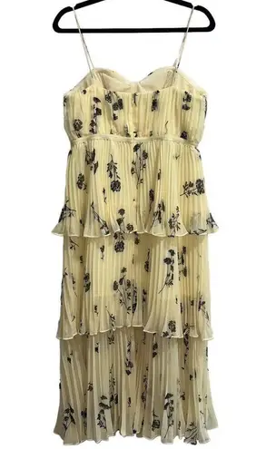 Self Portrait Yellow Floral Silhouette Chiffon Tiered Midi Dress Pastel Yellow