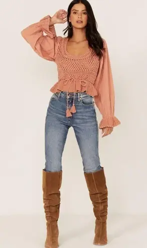 Free People Megan Crochet Knit Peplum Puff Long Sleeve Top in Orange Size Large