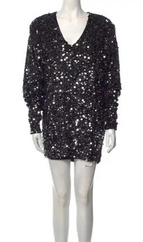 Rotate Birger Christensen Masha V-Neck Black Silver Sequin Dress Paillette sz M