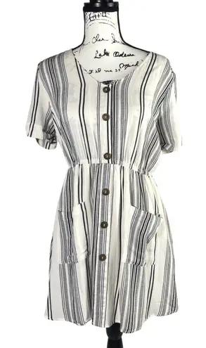 MINE Women's Striped Button Front Mini Dress L Short Sleeve Elastic Waist Black Size L