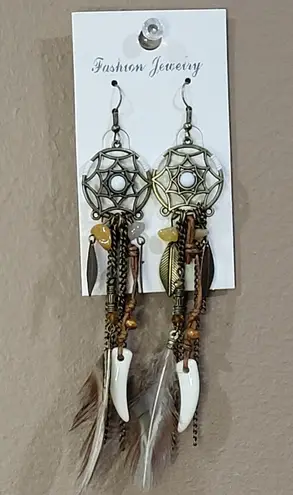 Long Dreamcatcher Leather Bead Tooth And Feather Earrings Black