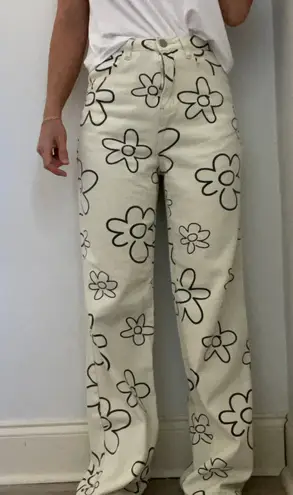 Bailey Rose Floral Print Jeans Small White Denim Flower Wide Leg Retro Eclectic Black Size 26