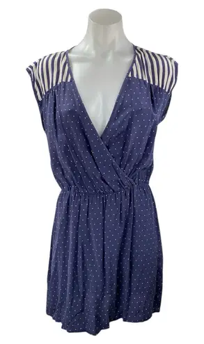 Petticoat Alley Blue Polka Striped Faux Wrap Sleeveless Mini Tank A-Line Dress S