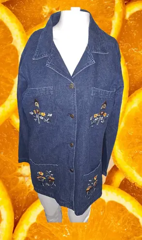 Denim & Co Floral Embroidered with Birdhouse Button Up Shirt Size S