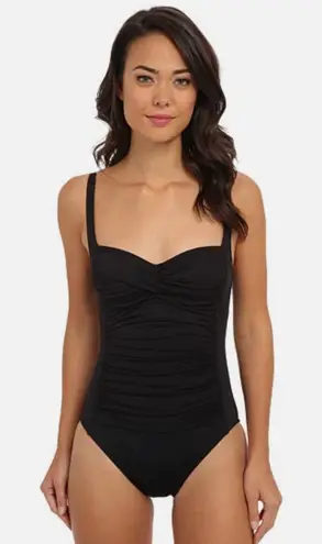 La Blanca Swimsuit Womens 14 Black One Piece Ruched Adjustable Straps Lined