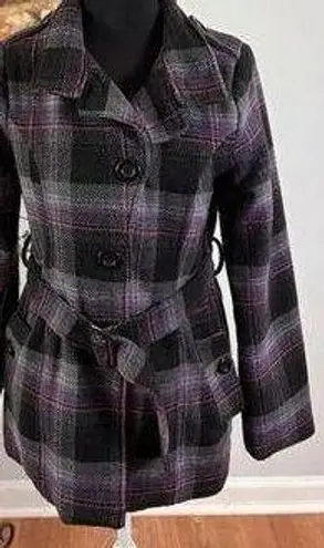 Say What? Say What Pea Coat Women L Blended Wool 3 Button Front Long Sleeve Plaid Belted