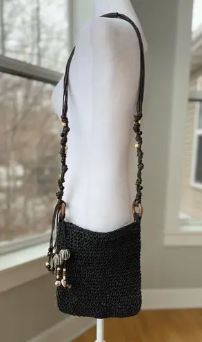 Sun n’ Sand Black Raffia Beaded Shell Crossbody Purse for Vacation Travel Beach