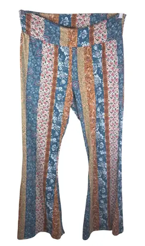 Earthbound Trading Co XL Floral Paisley Flare Leggings Boho Retro Pants Bell Blue Size 1X