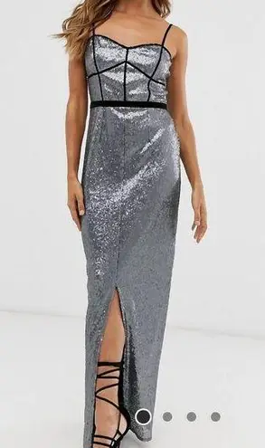 Little Mistress Silver & Black Metallic Sequined Sleeveless Maxi Dress NWT Sz 10