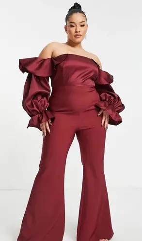 ASOS LUXE Curve Satin Shiny Wide Leg Jumpsuit Size 14 Wine/Burgundy Off Shoulder Red