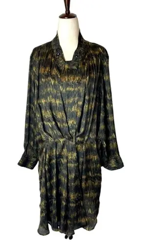 Isabel Marant Black And Gold Long Sleeve Pleated Draped Mini Dress Size M