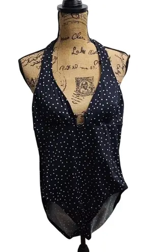 Navy Blue White Polka Dot Halter Neck One Piece Swimsuit Ring Detail Black Size M