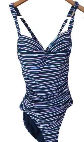 NIP Tuck Bond Eye Tummy Tuck Slimming Swimsuit Size 6 Multi Fit Cup Striped Blue