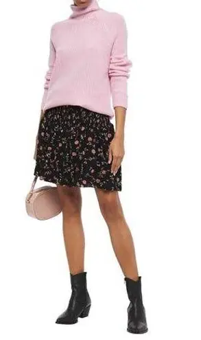 Ganni Elm Shirred Floral Black Georgette Mini Skirt Size 40 US 10 Smocked Waist