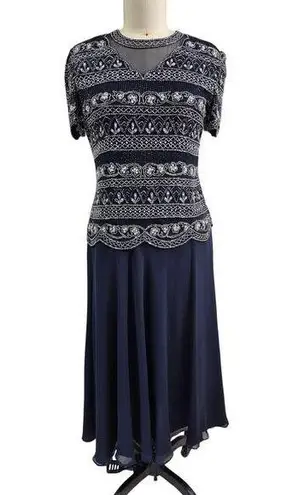 Papell Boutique Evening Navy Blue Silk Gown Beaded Sz 10 Mother of Bride