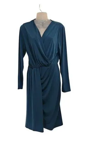 Fashion to figure Long Sleeve Drape Front Midi Dress Faux Wrap Stretch Blue XL