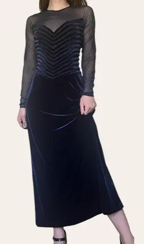 90s vintage Tadashi blue velvet long sleeve mesh sweetheart neck formal dress Size M