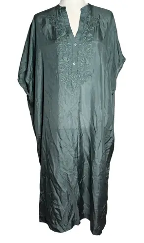 Oysho Silk Embroidered Kaftan Dress Size S Green V Neck Light Slightly Sheer NEW