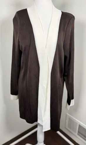 Misook Exclusively Womens Size M Open Front Brown White Trim Cardigan Business