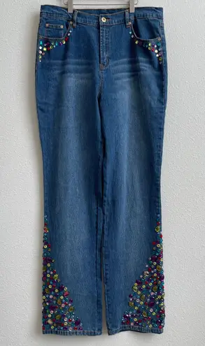 Vintage 90s Reworked Retro Disco Denim Rhinestone High Rise Wide Leg Tall Jeans Blue Size 12