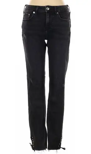 ZARA  Black Faded Straight Leg Mid Rise Jeans w/ Lace up Hem Size 4 NEW