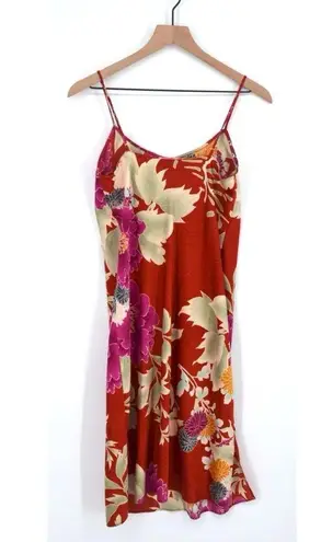Natori Floral Satin Slip Mini Dress Silky Lingerie Nightgown Red S Floral