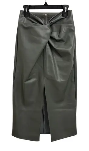Kirious Faux Leather High Rise Zip Back Festive Olive Green Midi Skirt XS NWT